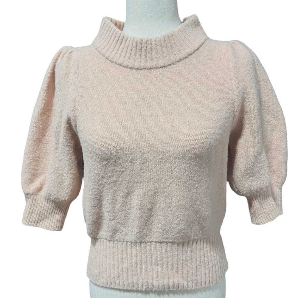 Free People Puff Half Sleeve Mock Neck Sweater Size Small Peach Coquette Wool